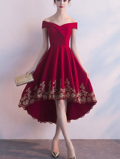 Beautiful Red High Low Party Dress with Gold Applique, Stylish Formal Dress, Cute Party Dress,homecoming dress  cg2658