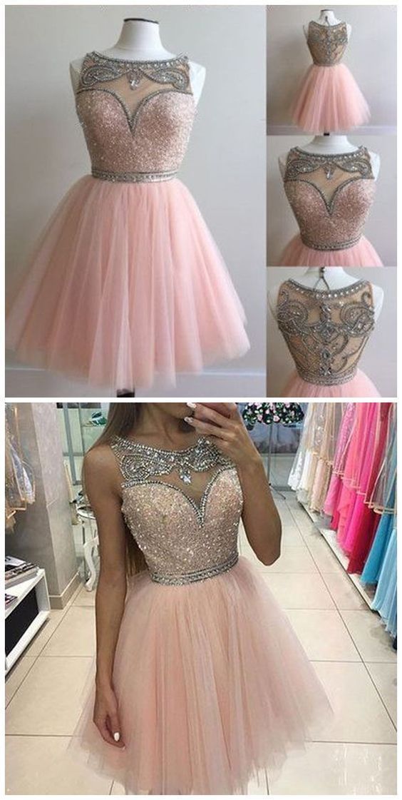 Pink homecoming dress, round neck homecoming dress, beading homecoming dress, short homecoming dress  cg266