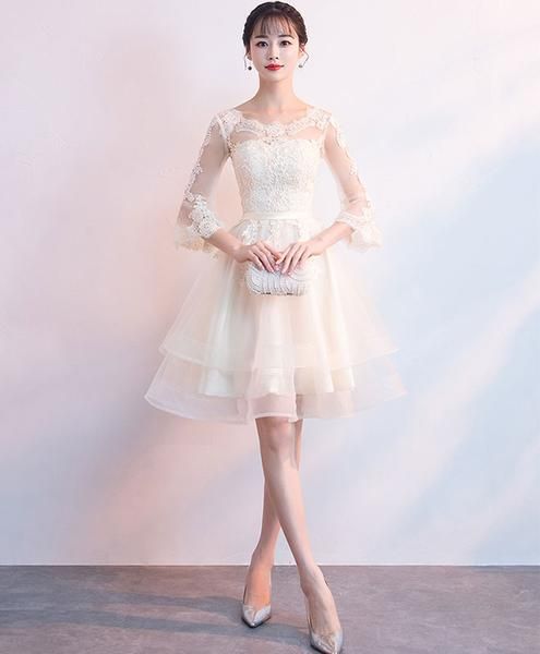 Champagne tulle lace short dress, champagne homecoming dress cg2679