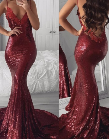 Burgundy Sequin Mermaid Prom Dresses Appliques V Neck Open Back cg2682