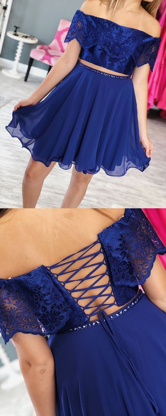 Cute A Line Tow Piece Off the Shoulder Royal Blue Chiffon Lace Short Homecoming Dresses with Beading cg2688