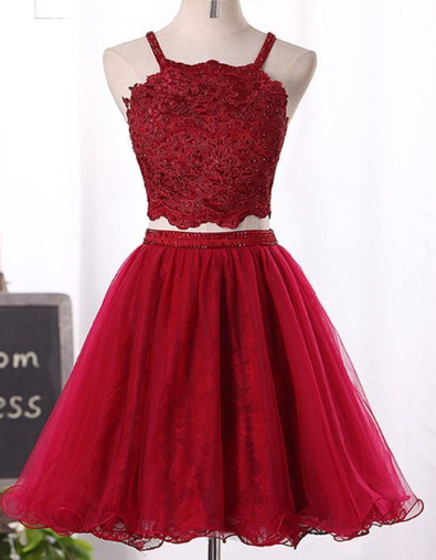 Wine Red Two Piece Tulle and Lace Homecoming Dress, Lovely Party Dresses 2019 cg2713