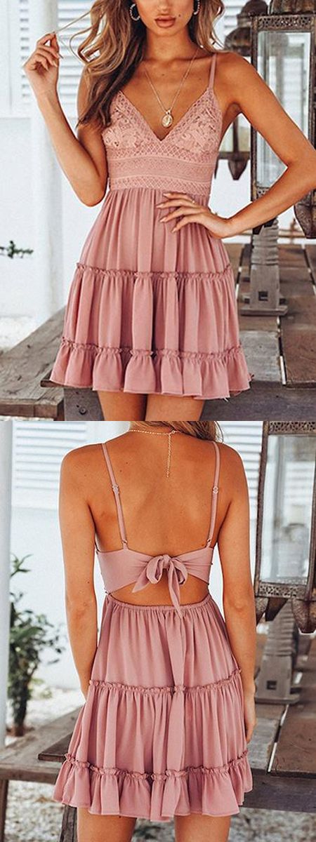 Pink Spaghetti Strap Plunge Lace Panel Open Back Mini homecoming Dress cg2717