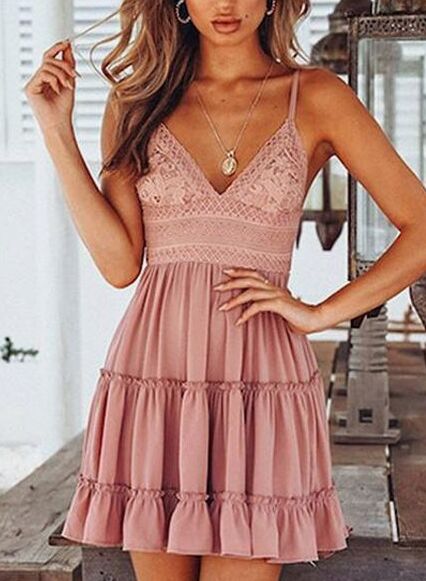 Pink Spaghetti Strap Plunge Lace Panel Open Back Mini homecoming Dress cg2717