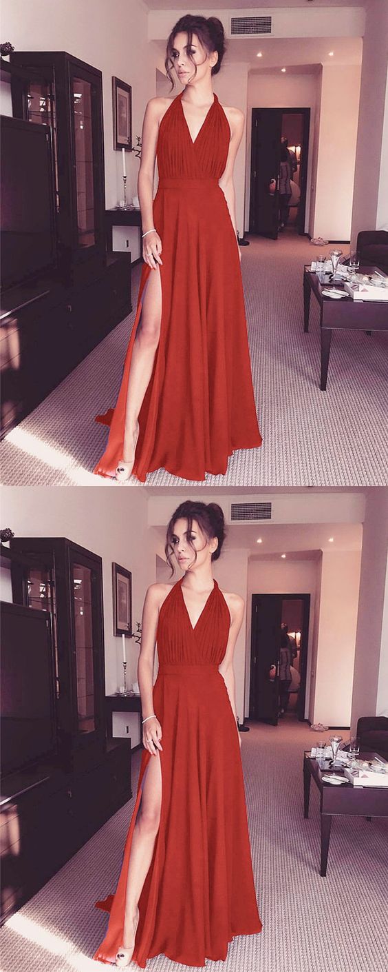 Rust Bridesmaid Dresses,Rust Color Bridesmaid Dresses,Rust Red prom Dresses,Halter Bridesmaid Dresses cg2736