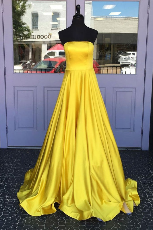 SIMPLE YELLOW SATIN LONG PROM DRESS, YELLOW EVENING DRESS cg2757