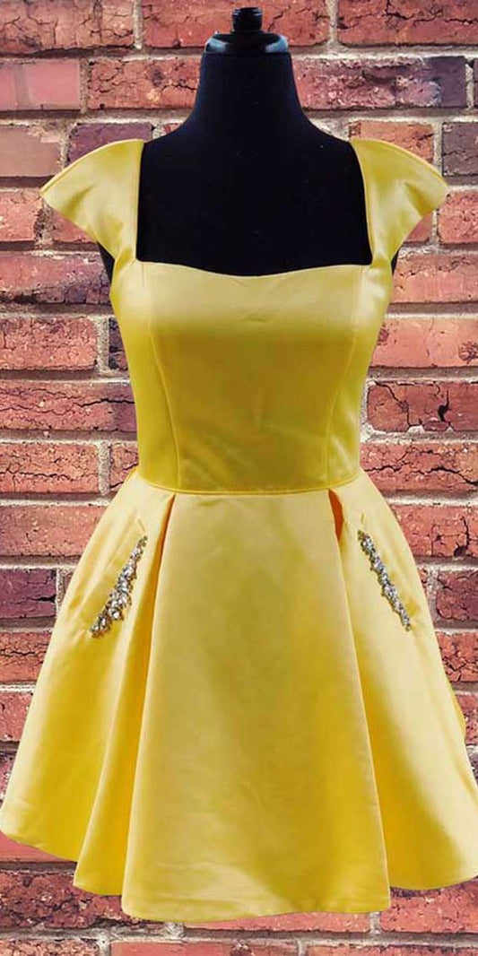 Cap Sleeves Short Yellow Homecoming Dress with Lace Up Back  cg2768