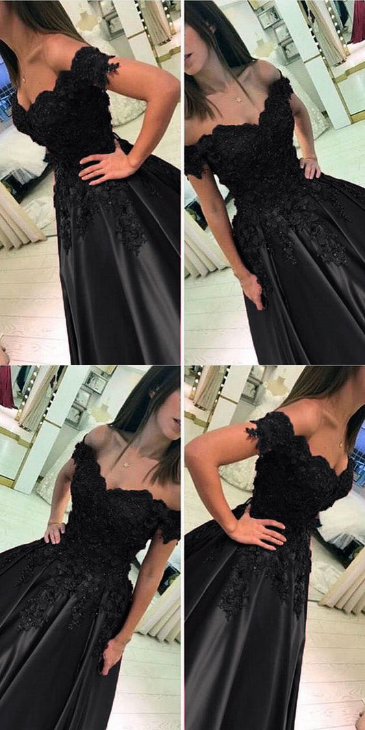 Black prom dresses satin off shoulder ball gown evening dress cg2771