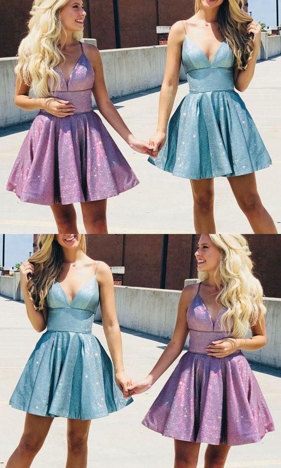 Spaghetti Straps V Neck Mini Homecoming Dress Aqua Silver Cocktail Dress  cg2782