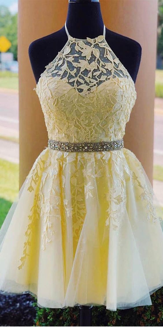 Halter Appliqued Yellow Homecoming Dress Short Dress with Beading Belt  cg2787