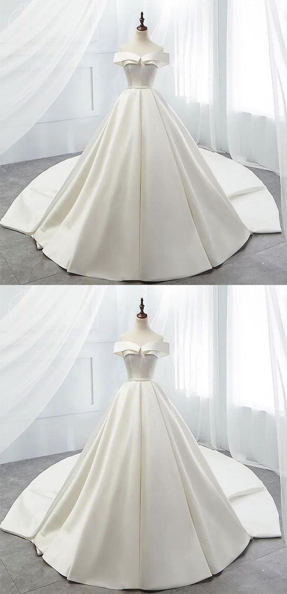 White off shoulder satin long prom dress, white evening dress, white wedding dress, white formal dress  cg2789