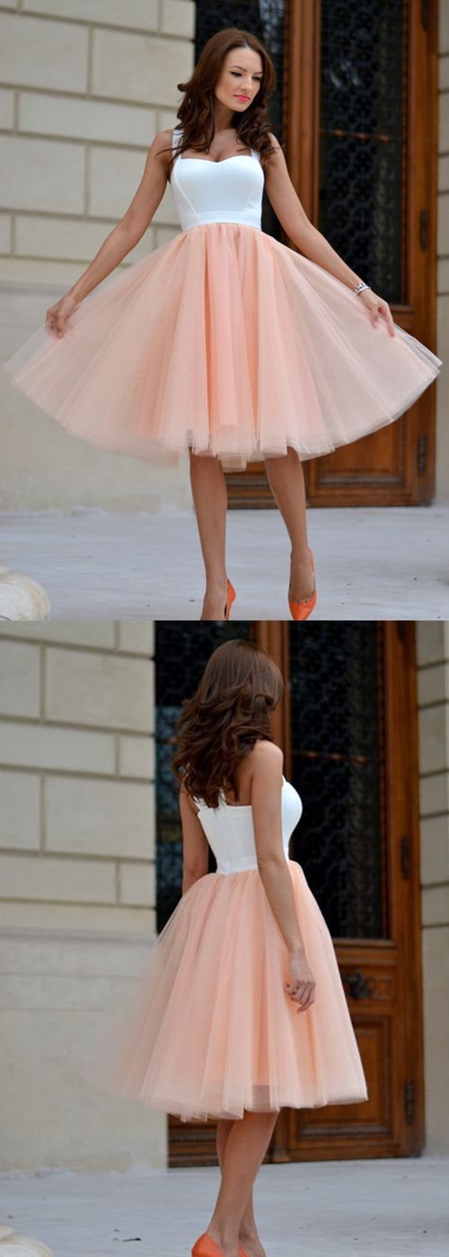 Cute A Line Sweetheart White and Peach Tulle Short Homecoming Dresses cg279