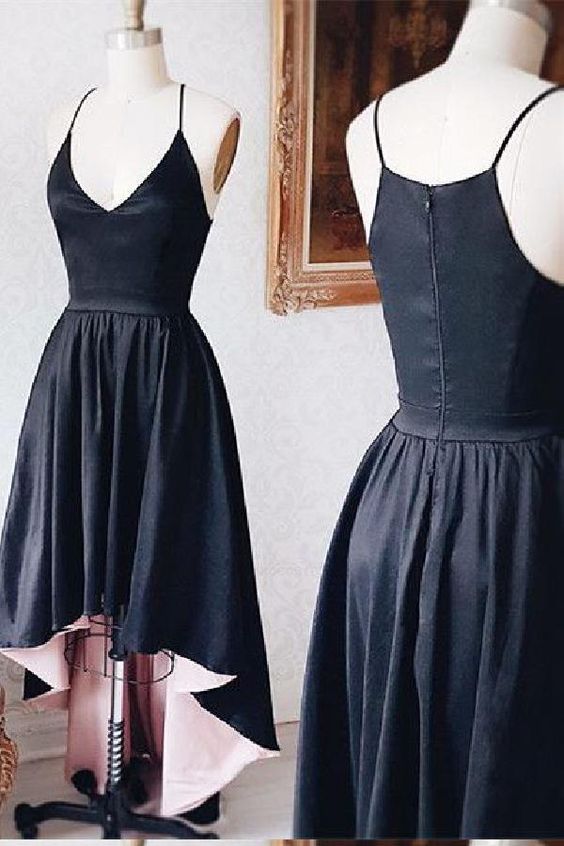 Great Black New Black Satin V Neck High Low A-line Prom Dress, Bridesmaid Dress cg2798