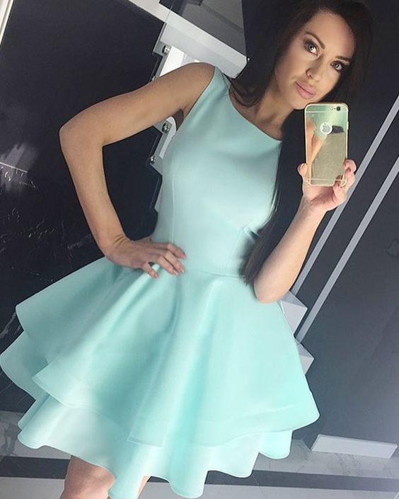 jewel simple satin mint homecoming dress, layered skirt short light green dress cg2819