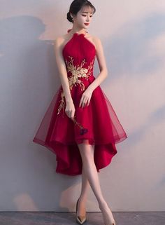 Halter Red Tulle A-Line Homecoming Dresses,Sleeveless Short homecoming Dresses  cg285