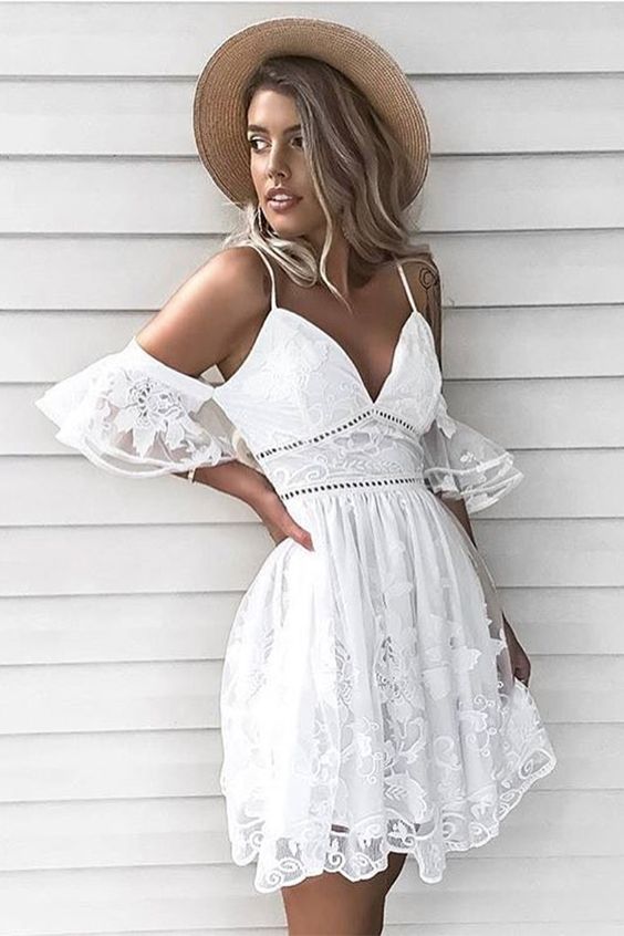 A-Line Spaghetti Straps Short White Lace Homecoming Dress cg2853