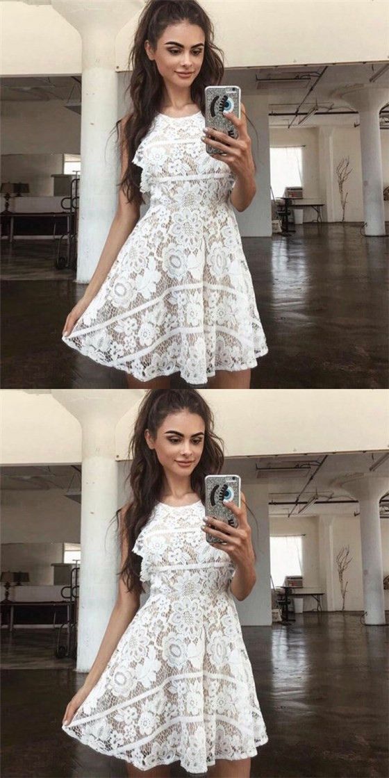 A-Line Round Neck Open Back White Lace Short Cheap Homecoming Dresses cg2889