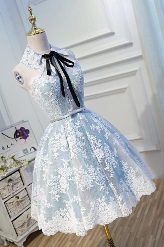 A Line Lace Appliques Halter Homecoming Dresses, Short Party Dress  cg2892