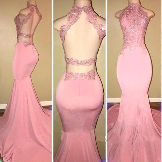 Pink Mermaid Prom Dresses 2019 Appliques Lace Sheath Backless Evening Dress cg2897