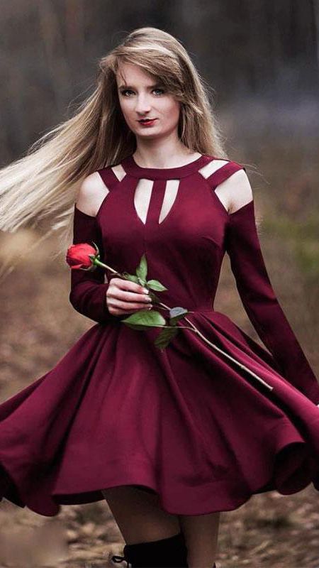 A Line Long Sleeves Short Burgundy Homecoming Dress cg2900