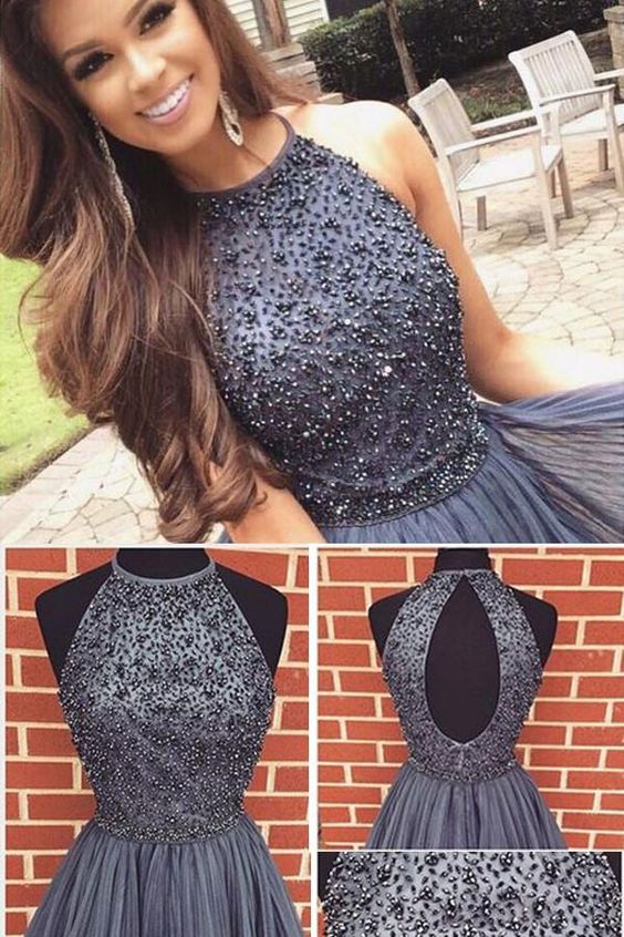 A-line Gray Halter High Neck Beaded Short Dress,Tulle Homecoming Dress cg294