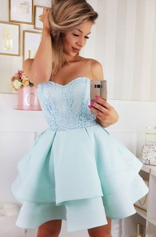 A-Line Round Neck Short Light Blue Homecoming Dress with Appliques cg296