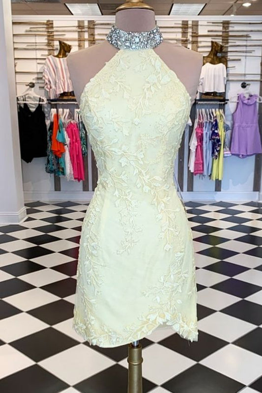 tight homecoming dresses, high neck yellow lace homecoming dresses cg2961