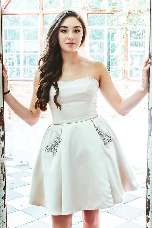 Ivory Homecoming Dress, Beaded Homecoming Dress, Strapless Hoco Dresses  cg2976