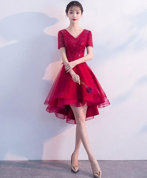 Burgundy v neck tulle lace short dress, burgundy homecoming dress cg2989