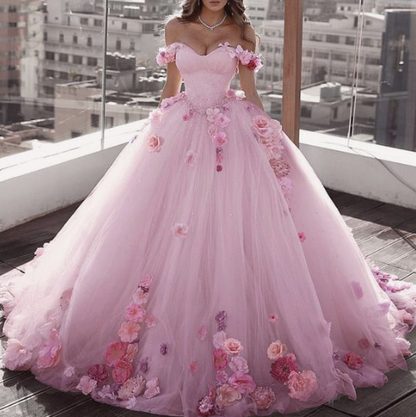 Blush Pink Tulle Off Shoulder Ball Gown Wedding Dresses Floral Flowers Beaded prom gown cg3003