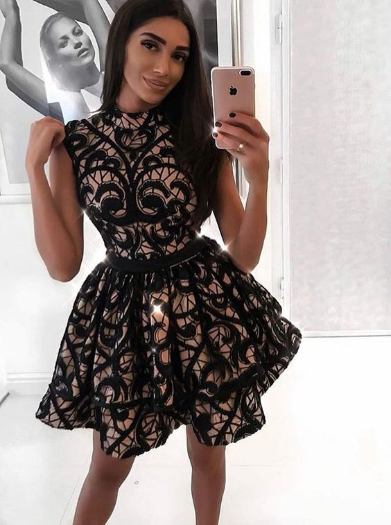 A-Line Jewel Sleeveless Short Black Lace Homecoming Dress cg301