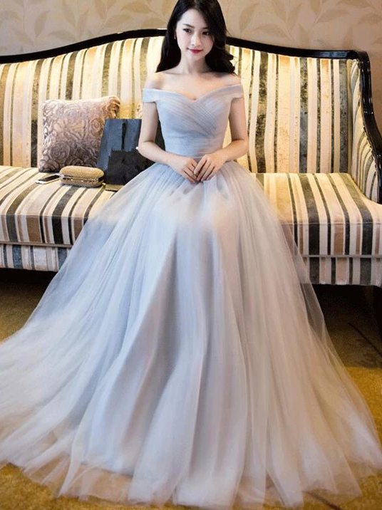 Beautiful Grey Off Shoulder Long Bridesmaid Dress, Simple Prom Dress cg3027