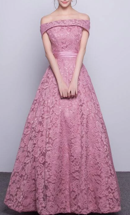 Beautiful Dark Pink Lace Long Off Shoulder Party Dress, Lace Prom Dress 2020 cg3028