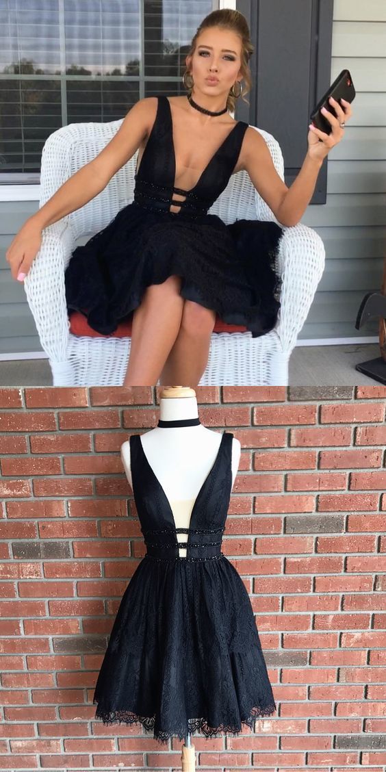 Little Black Lace Homecoming Dress, Short White Homecoming Dress cg304