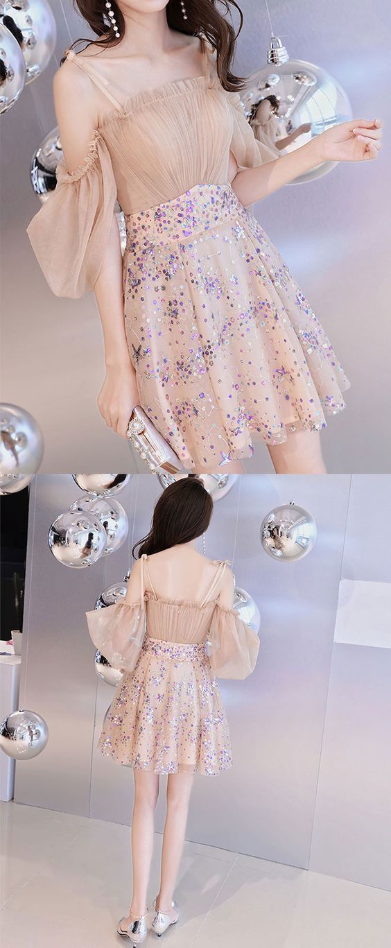 Champagne tulle short dress, champagne tulle homecoming dress, champagne formal dress cg3051