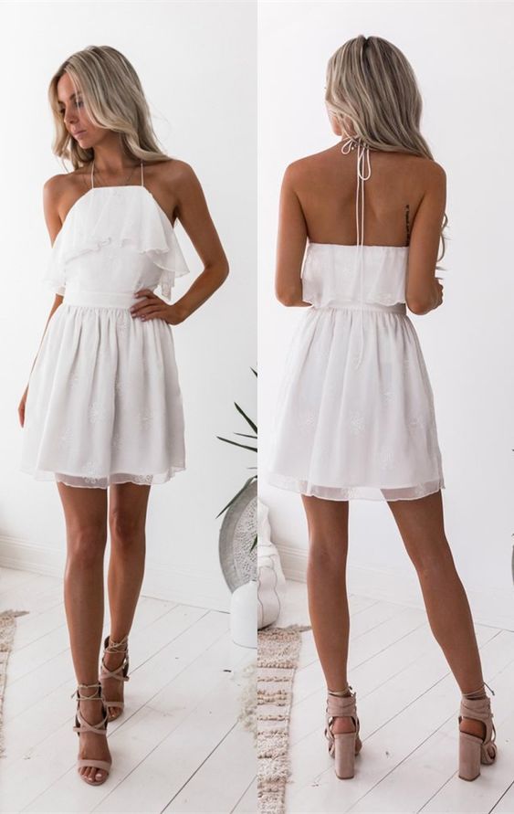 A-Line Halter Printed White Chiffon Homecoming Dress With Ruffles cg3067