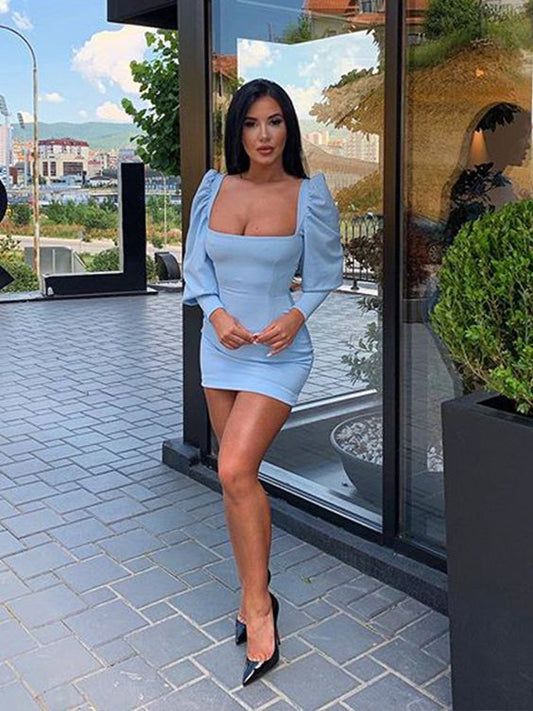 Chic Sheath Square Neck Blue Short Homecoming Dresses with Long Sleeves cg3109