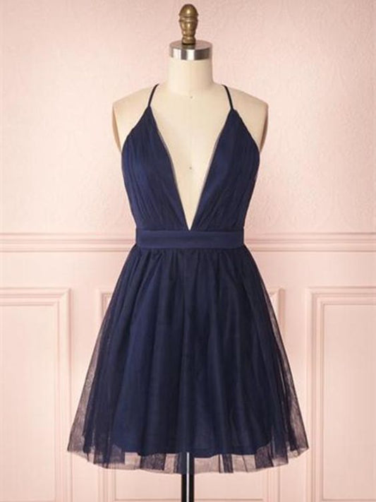 A-Line V-Neck Navy Blue Short Dresses Navy Blue Homecoming Dresses  cg3122