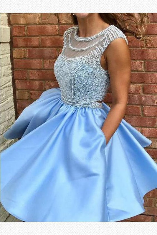 Open Back Blue Cap Sleeve Soop Short Cheap Homecoming Dresses cg315