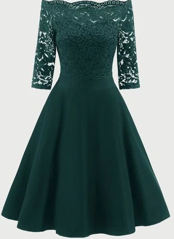 Boat Neck Lace Basic Long Party Skater Dress, Satin Homecoming Dress cg3175