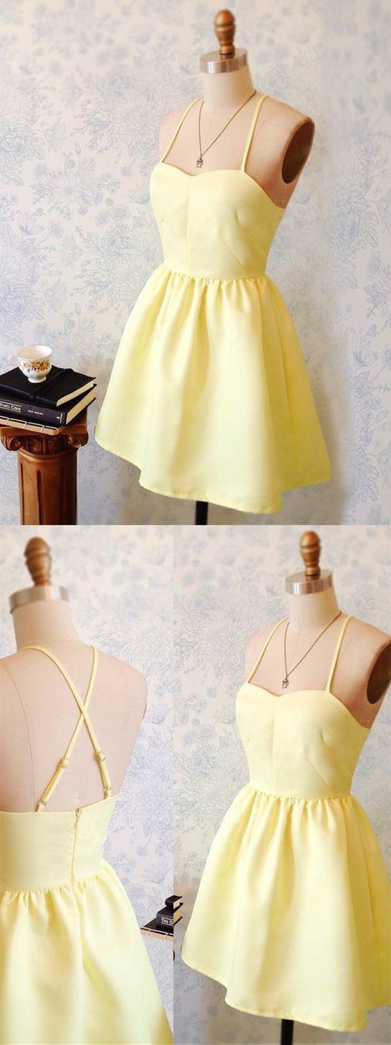 A-Line Spaghetti Straps Short Yellow Satin Homecoming Dress cg324