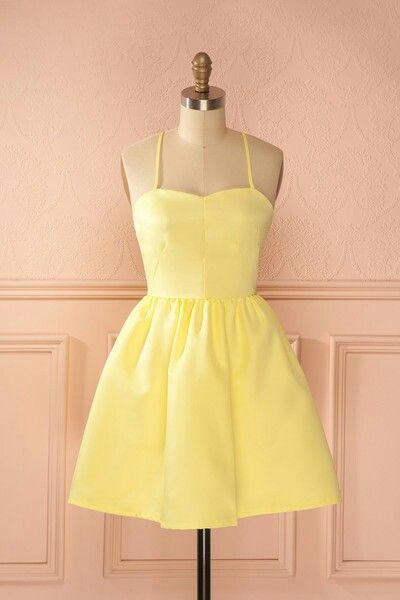 A-Line Spaghetti Straps Short Yellow Satin Homecoming Dress cg324