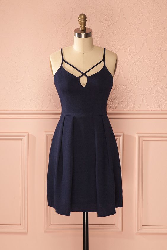 Sexy A-Line Spaghetti Straps Dark Blue Satin Homecoming dress cg3268