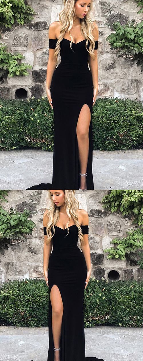 Mermaid Off-the-Shoulder Front Split Black prom dress cg3287