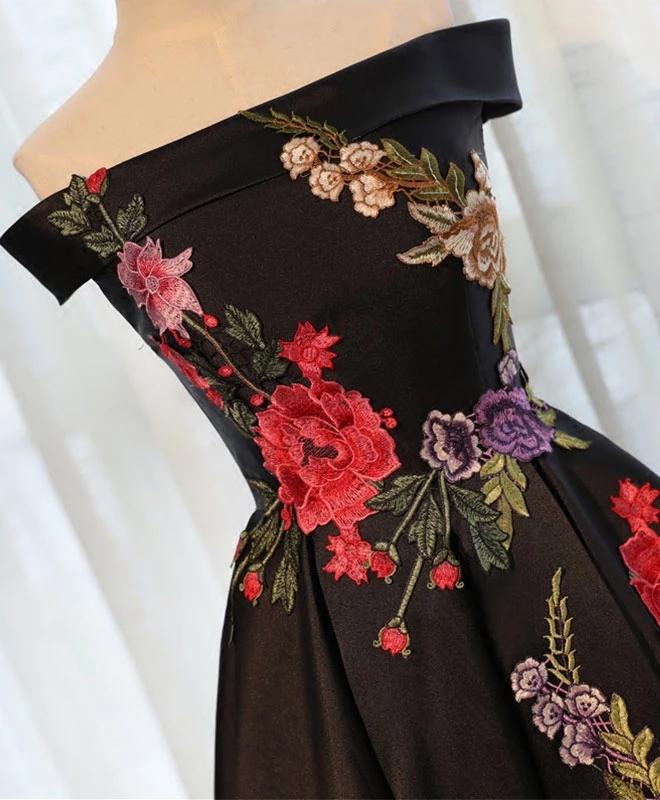 Beautiful Satin Black Tea Length Party homecoming Dress, Floral Black Formal Dress cg3290