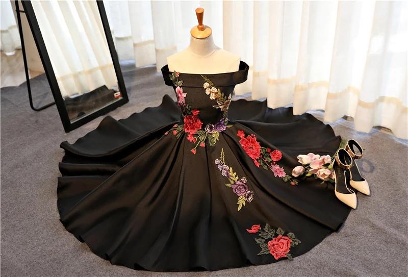 Beautiful Satin Black Tea Length Party homecoming Dress, Floral Black Formal Dress cg3290