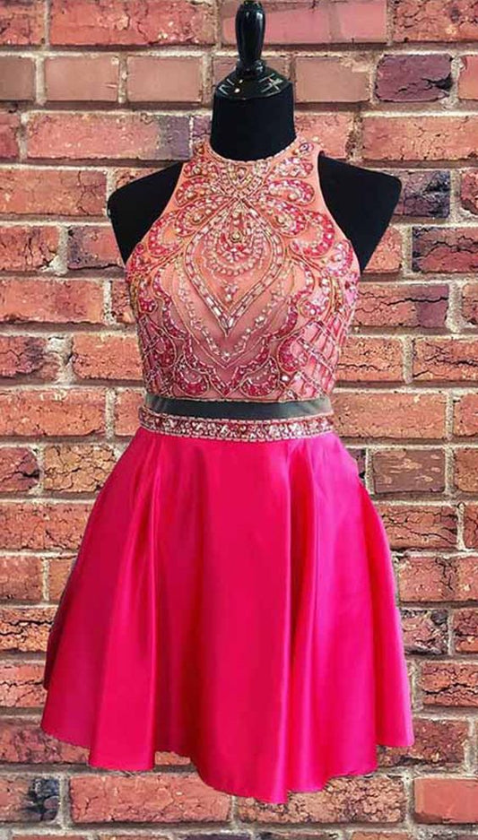 Beaded Two Piece Short Dress Hot Pink Homecoming Dress cg3311