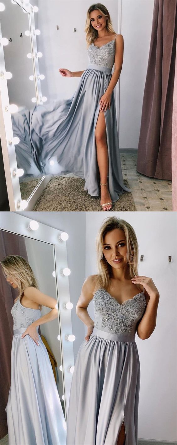 V Neck Gray Long Lace Prom Dresses, Long Lace Formal Graduation Evening Dresses cg3318