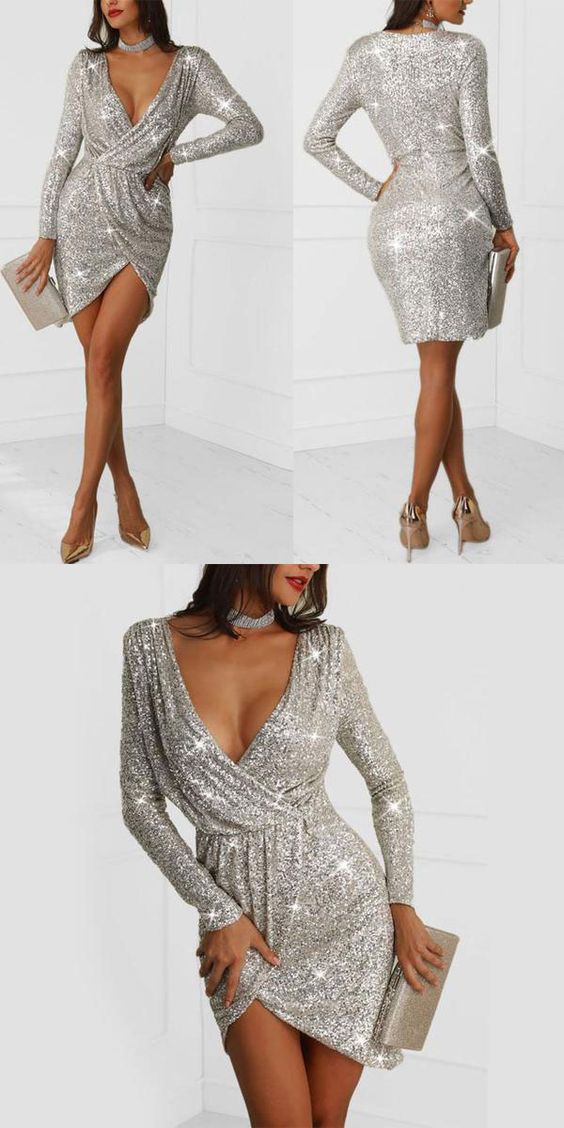 Sexy Sequin Long Deep V Exposed Sleeve Night Club Party homecoming Dress cg3335