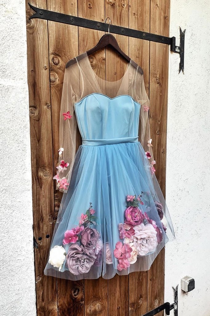 BLUE V NECK TULLE SHORT DRESS, BLUE HOMECOMING DRESS cg3345